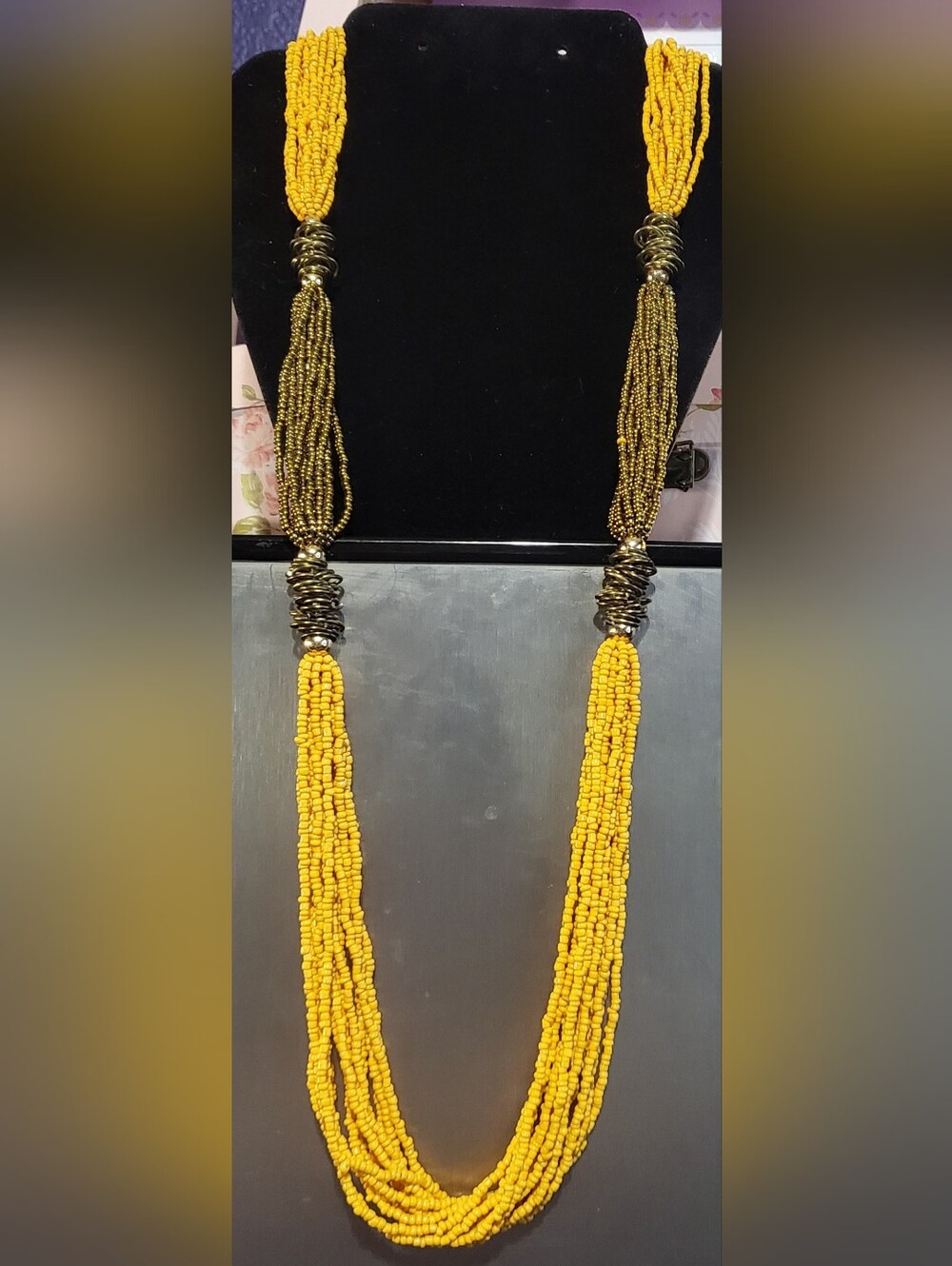 46" Handcrafted Mustard And Gold Beaded Multi-Strand Necklace